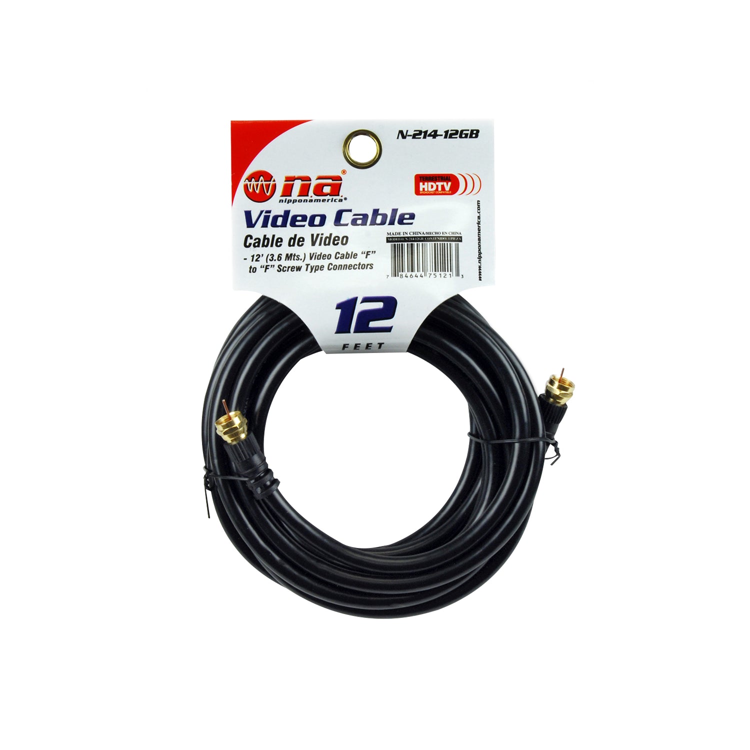 12' Video Cable Twist-On Connector, Black (N-214-12GB)