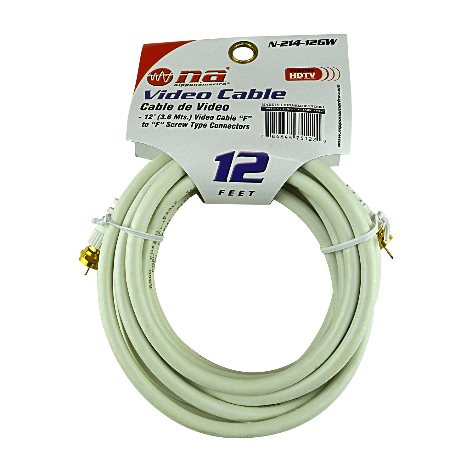 12' Video Cable Twist-On Connector, White (N-214-12GW)