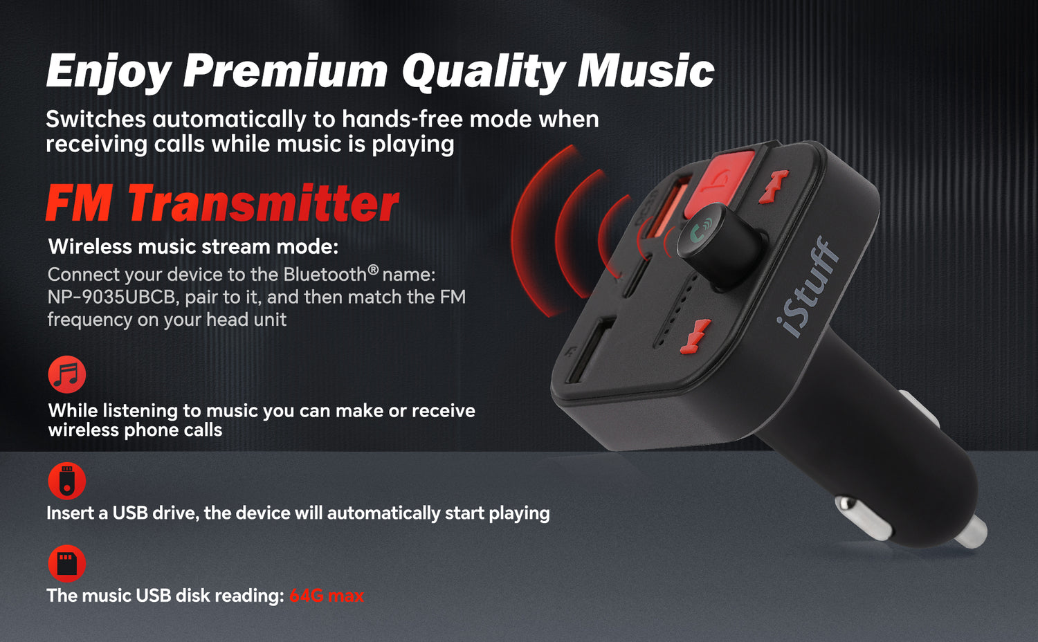 Wireless Music Stream Car Charger (NP-9035UBCB)