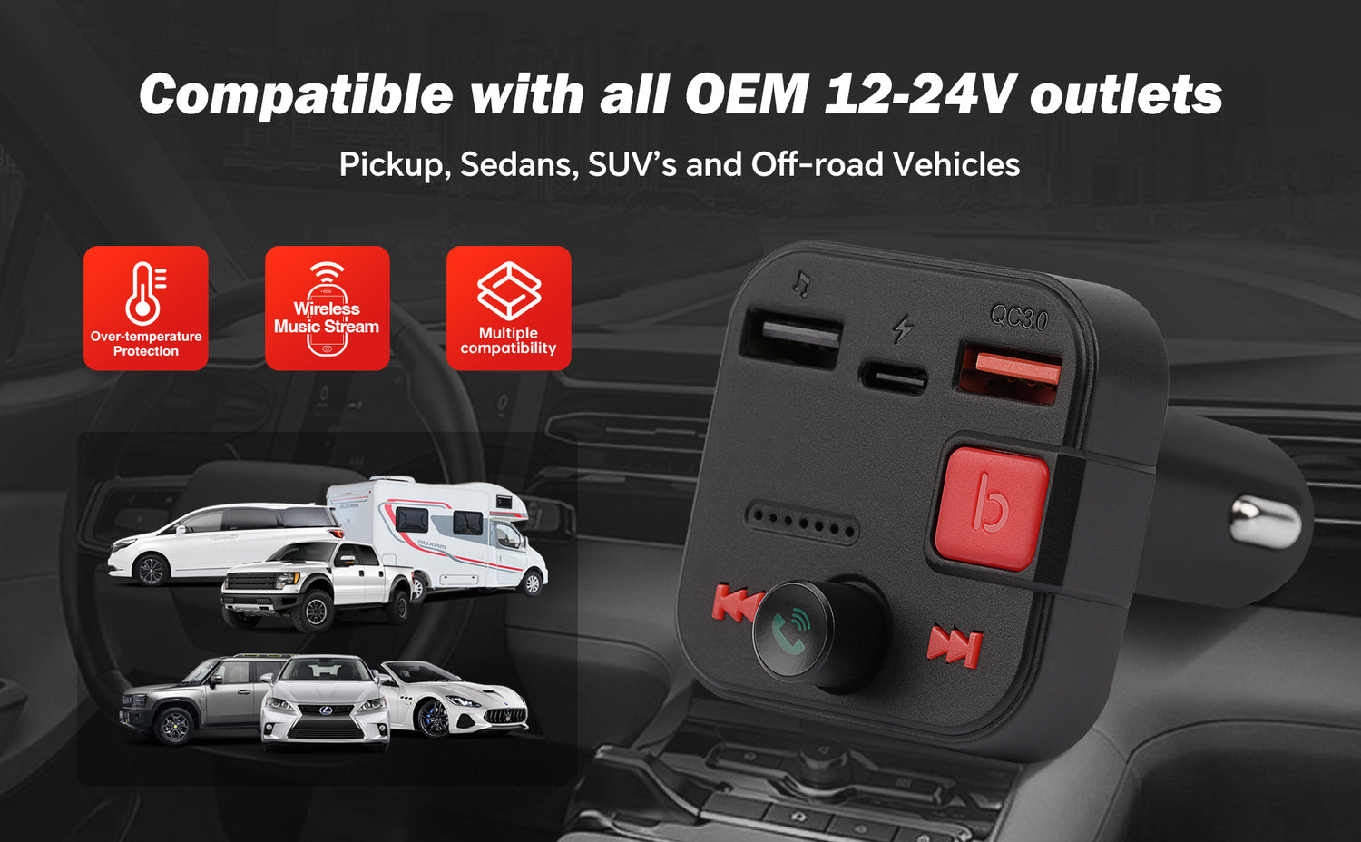 Wireless Music Stream Car Charger (NP-9035UBCB)