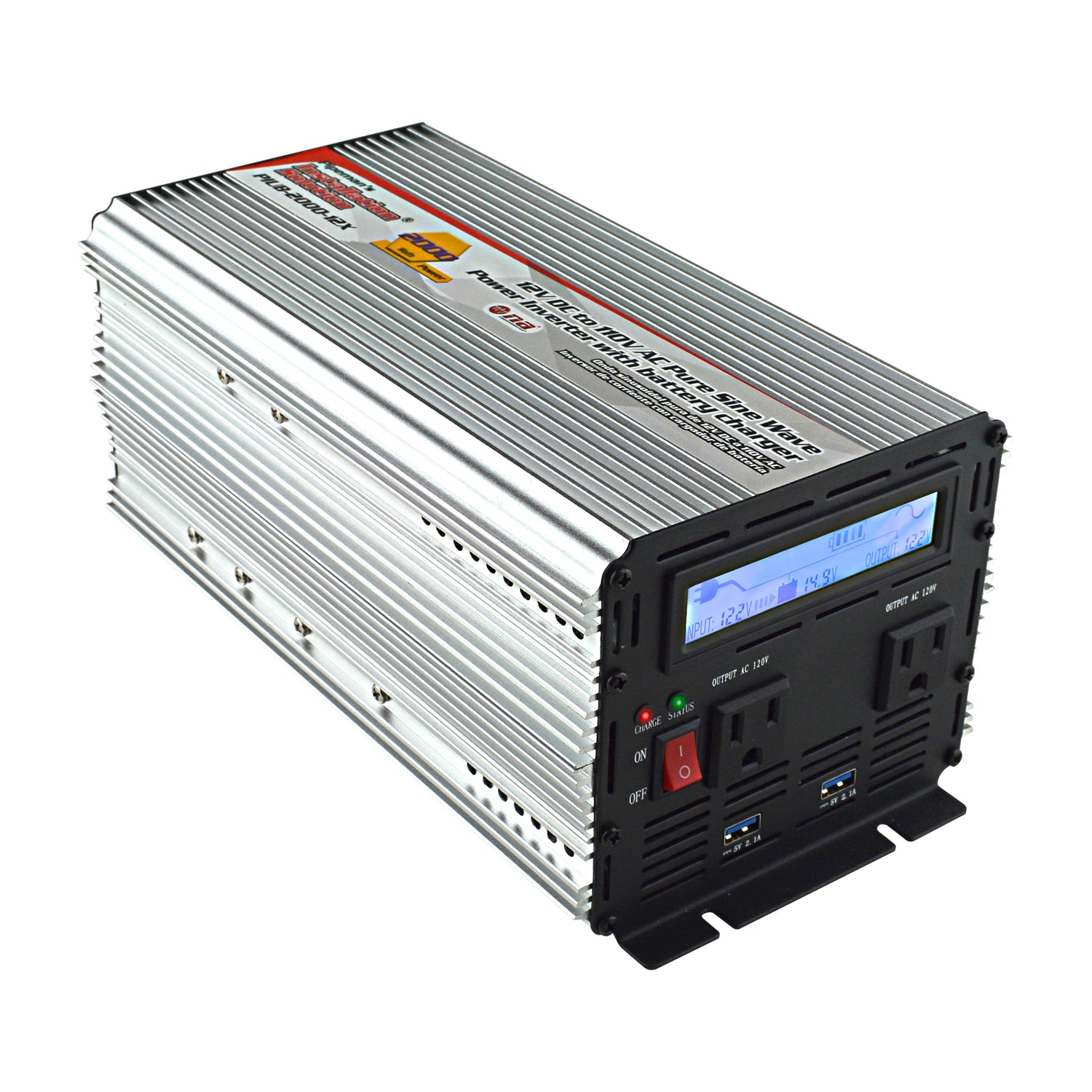 12V DC to 120V AC Pure Sine Wave Power Inverter with Battery Charger (PIUB-2000-12X)