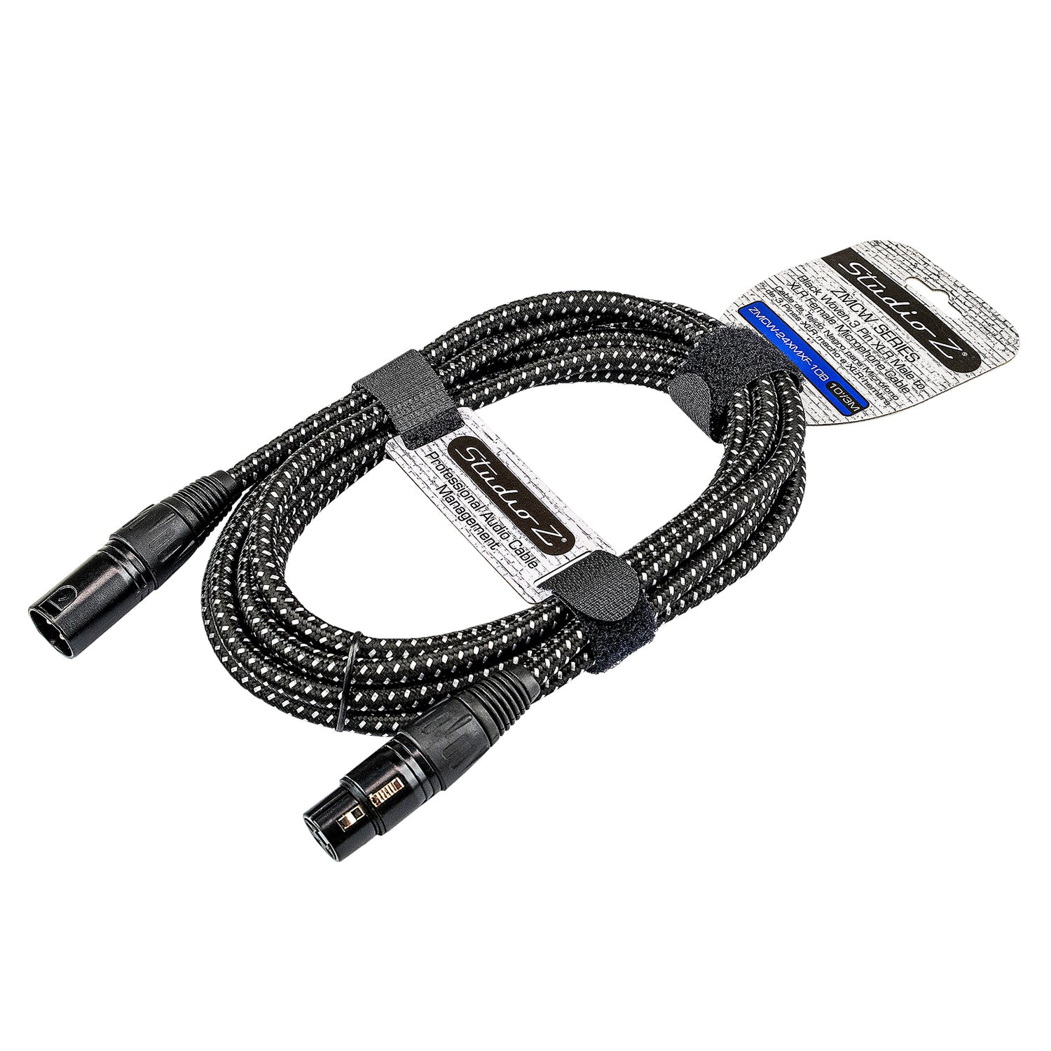 10' Black Woven 3 Pin XLR Male to 3 Pin XLR Female, Microphone Cable (ZMCW-24XMXF-10B)