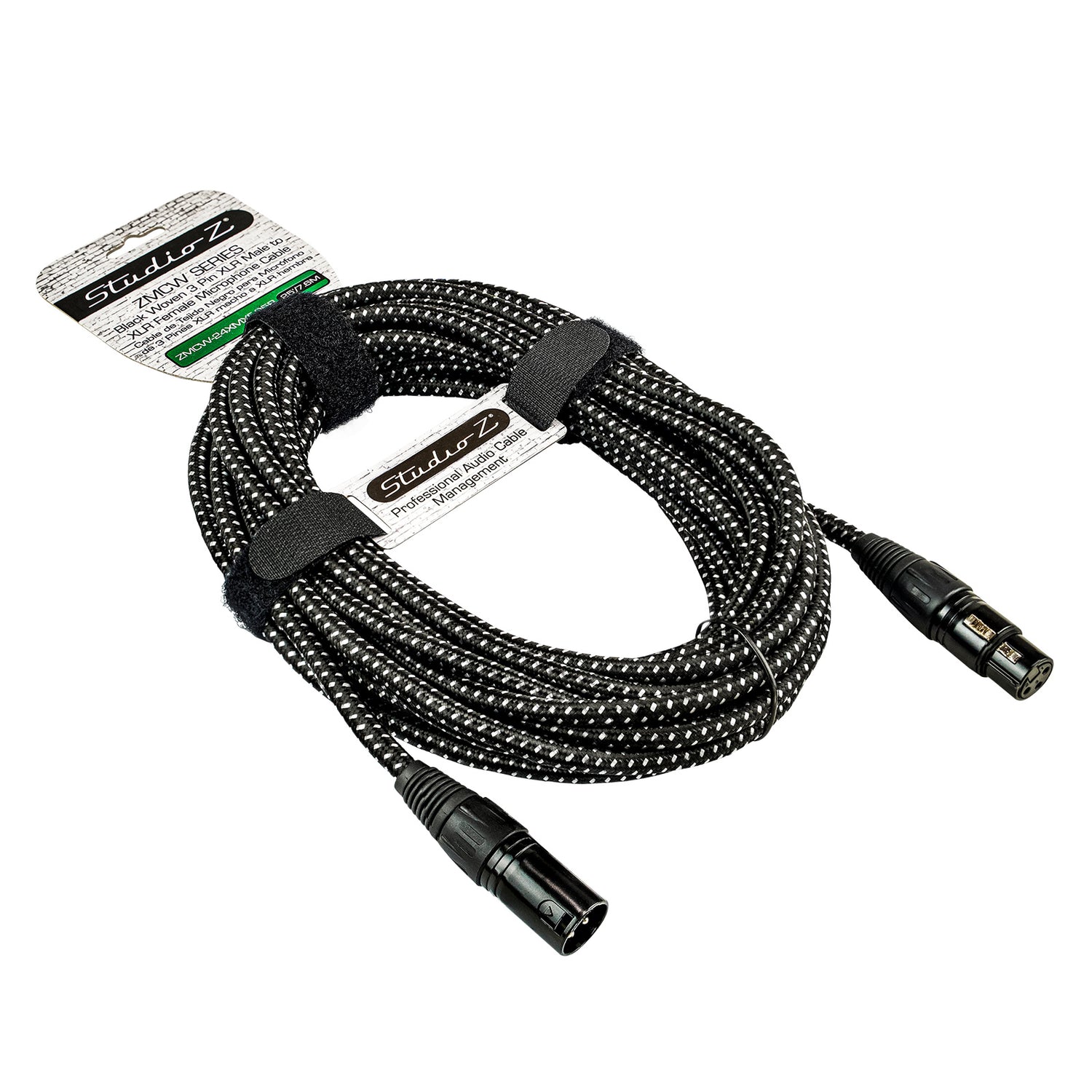 25' Black Woven 3 Pin XLR Male to 3 Pin XLR Female, Microphone Cable (ZMCW-24XMXF-25B)