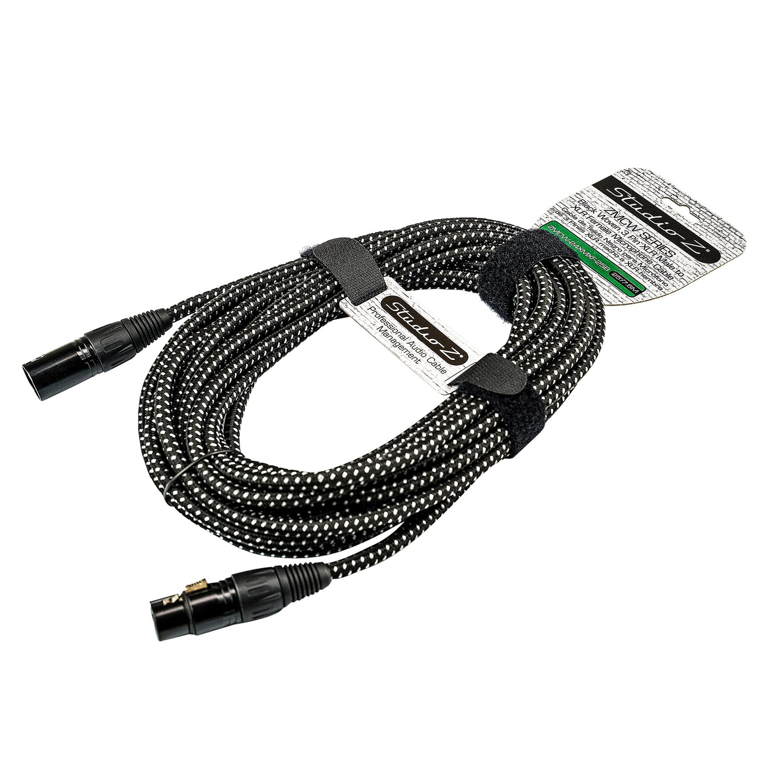 25' Black Woven 3 Pin XLR Male to 3 Pin XLR Female, Microphone Cable (ZMCW-24XMXF-25B)