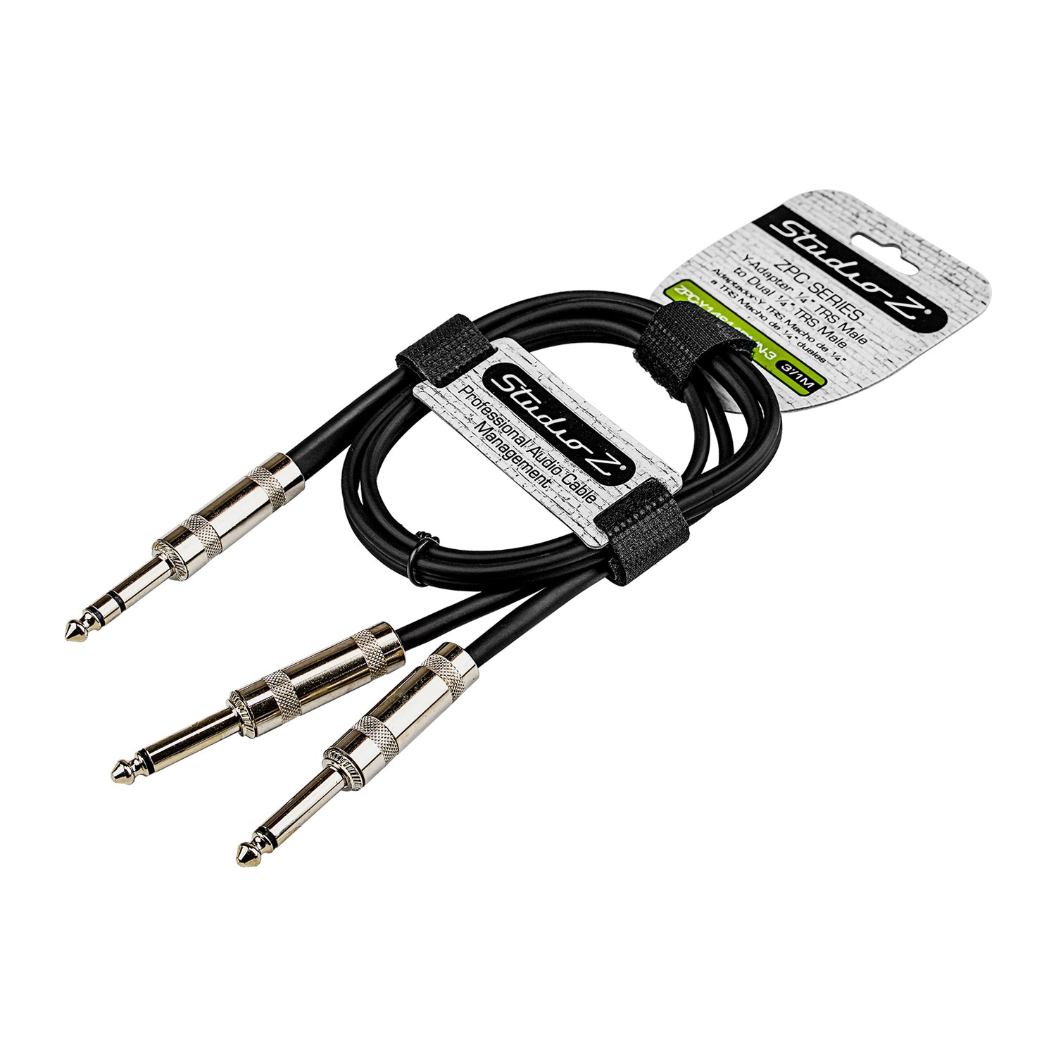3' Y-Adapter 1/4” TRS Stereo Male to Dual 1/4” Male Pro Audio Cable (ZPC-Y14S14DMN-3)