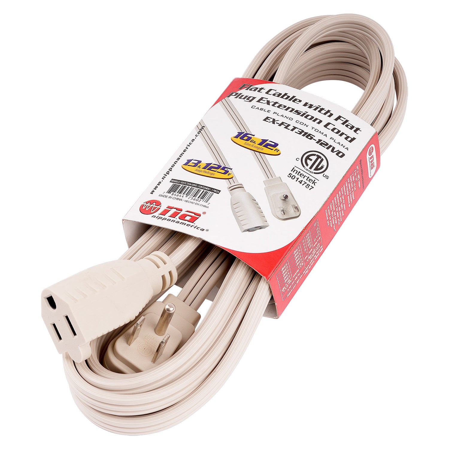 12’ Flat Cable with Flat Plug Extension Cord (EX-FLT316-12IVO)