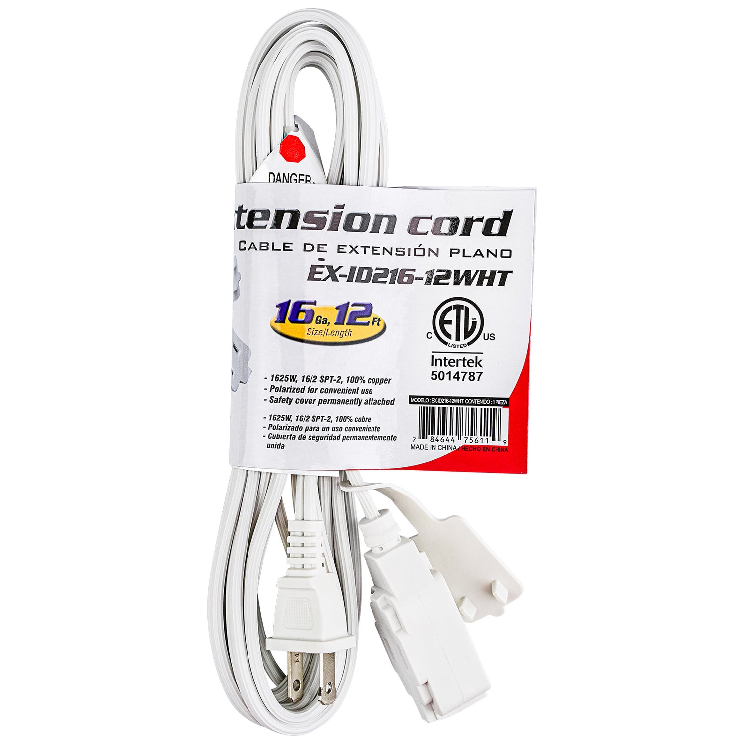 12’ Flat Plug Extension Cord (EX-ID216-12WHT)