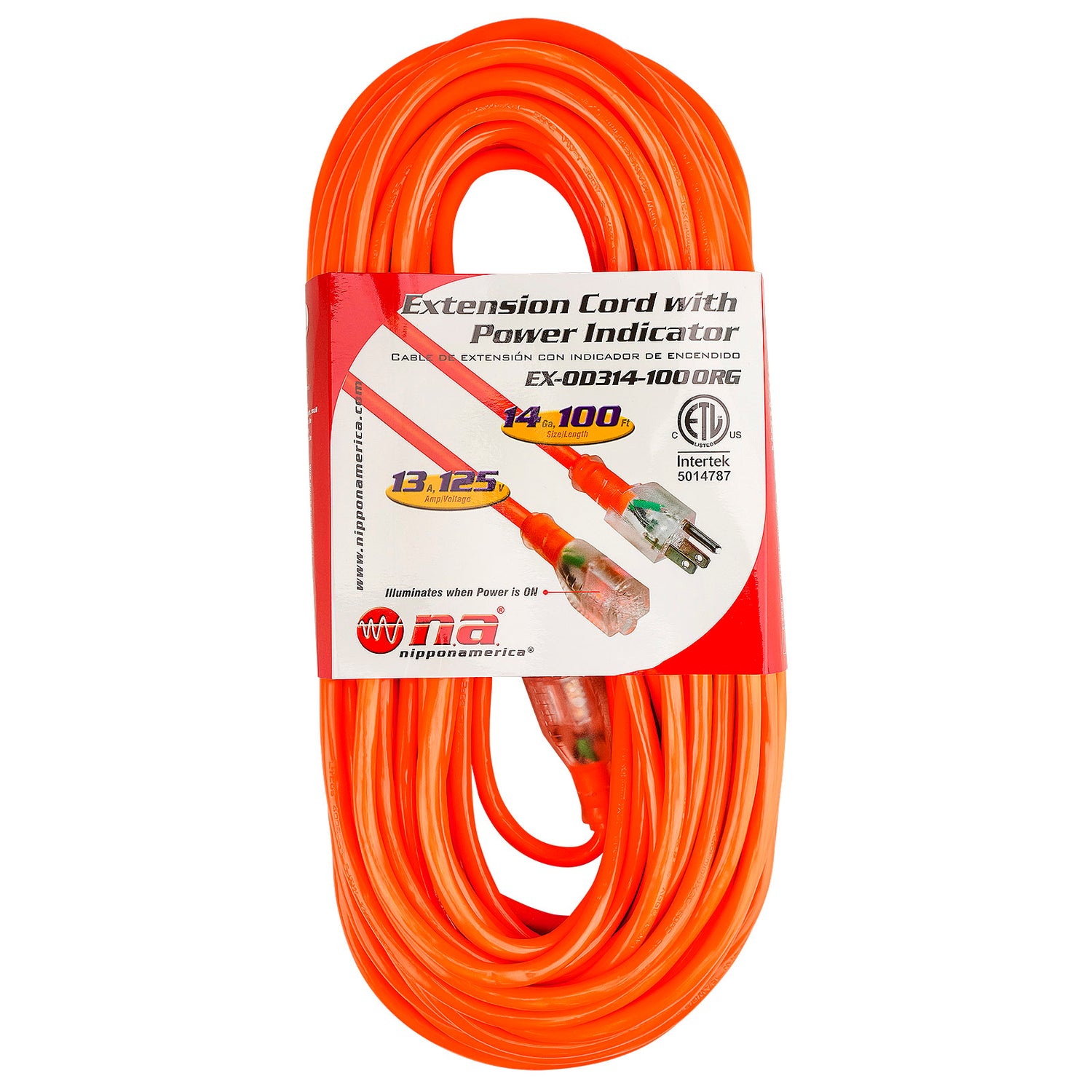 100’ Extension Cord with Power Indicator (EX-OD314-100ORG)