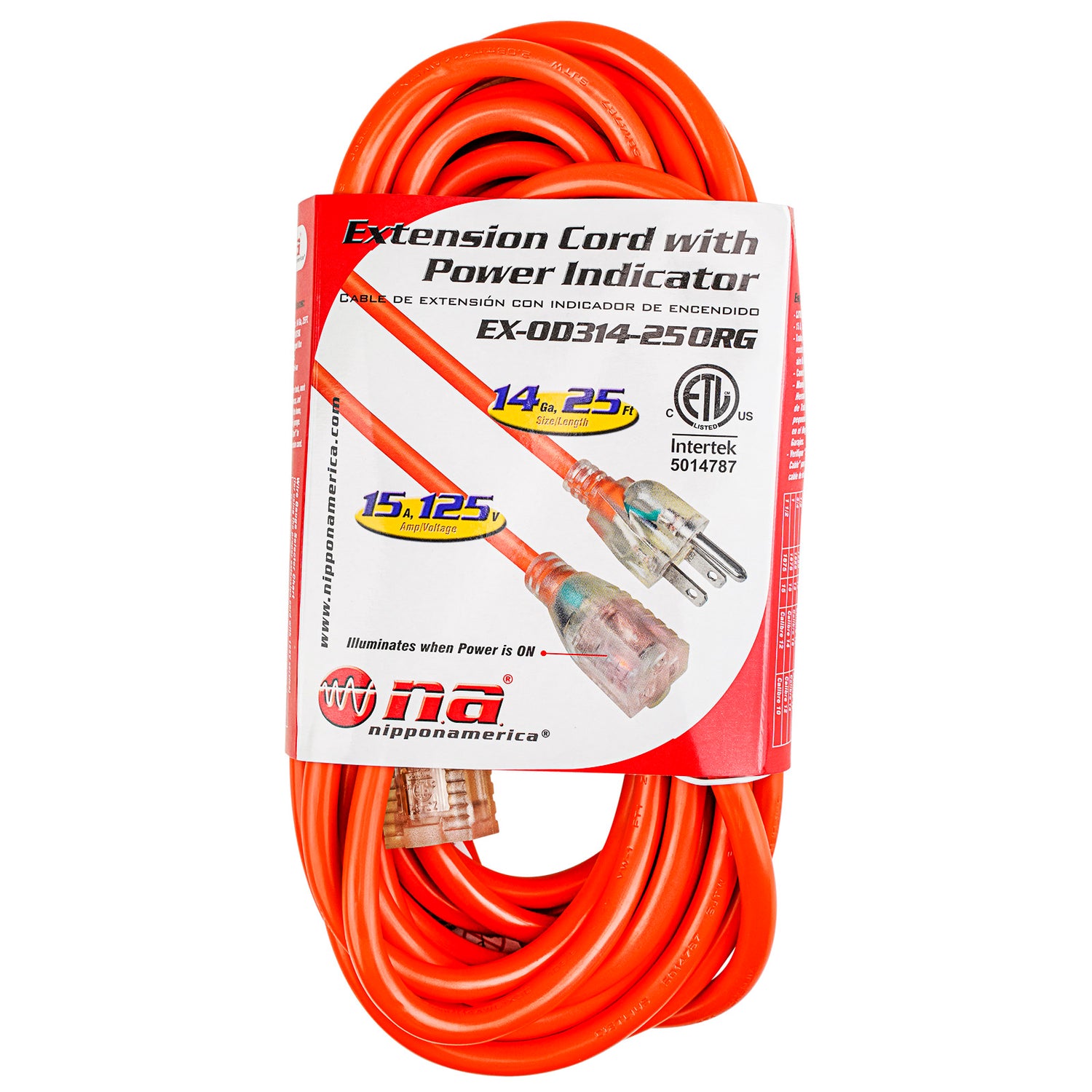 25’ Extension Cord with Power Indicator (EX-OD314-25ORG)