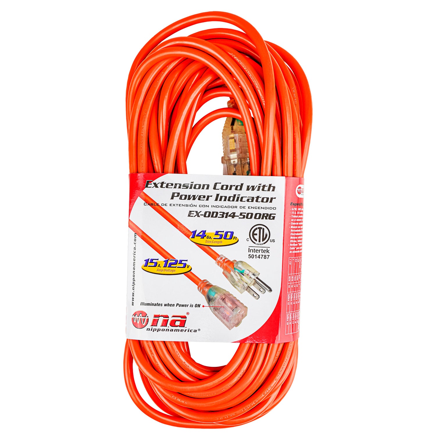 50’ Extension Cord with Power Indicator (EX-OD314-50ORG)