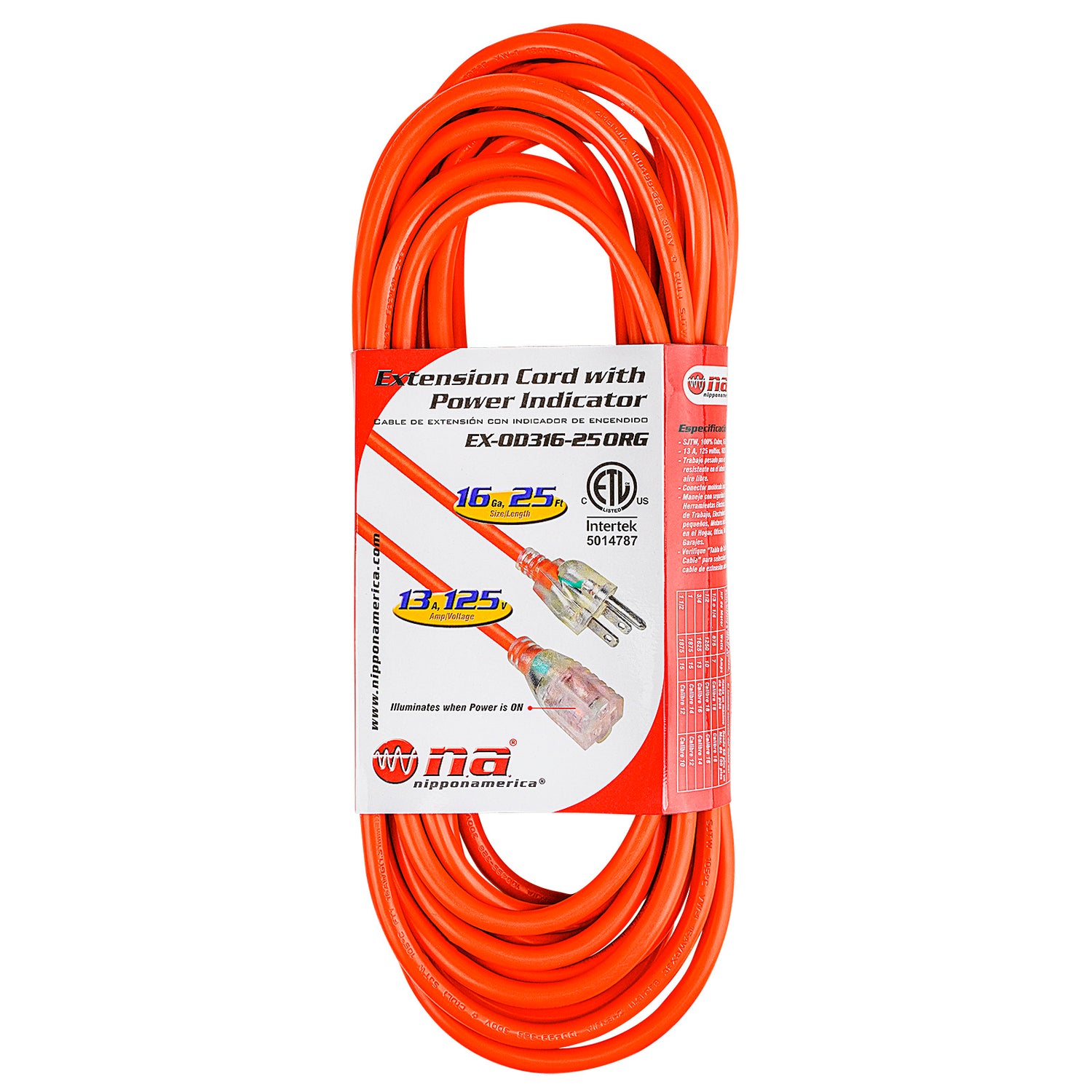 25’ Extension Cord with Power Indicator (EX-OD316-25ORG)