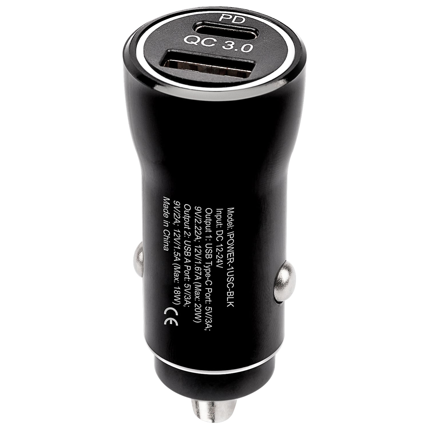 PD & QC3.0 18W Dual USB Car Charger (IPOWER-1USC-BLK)