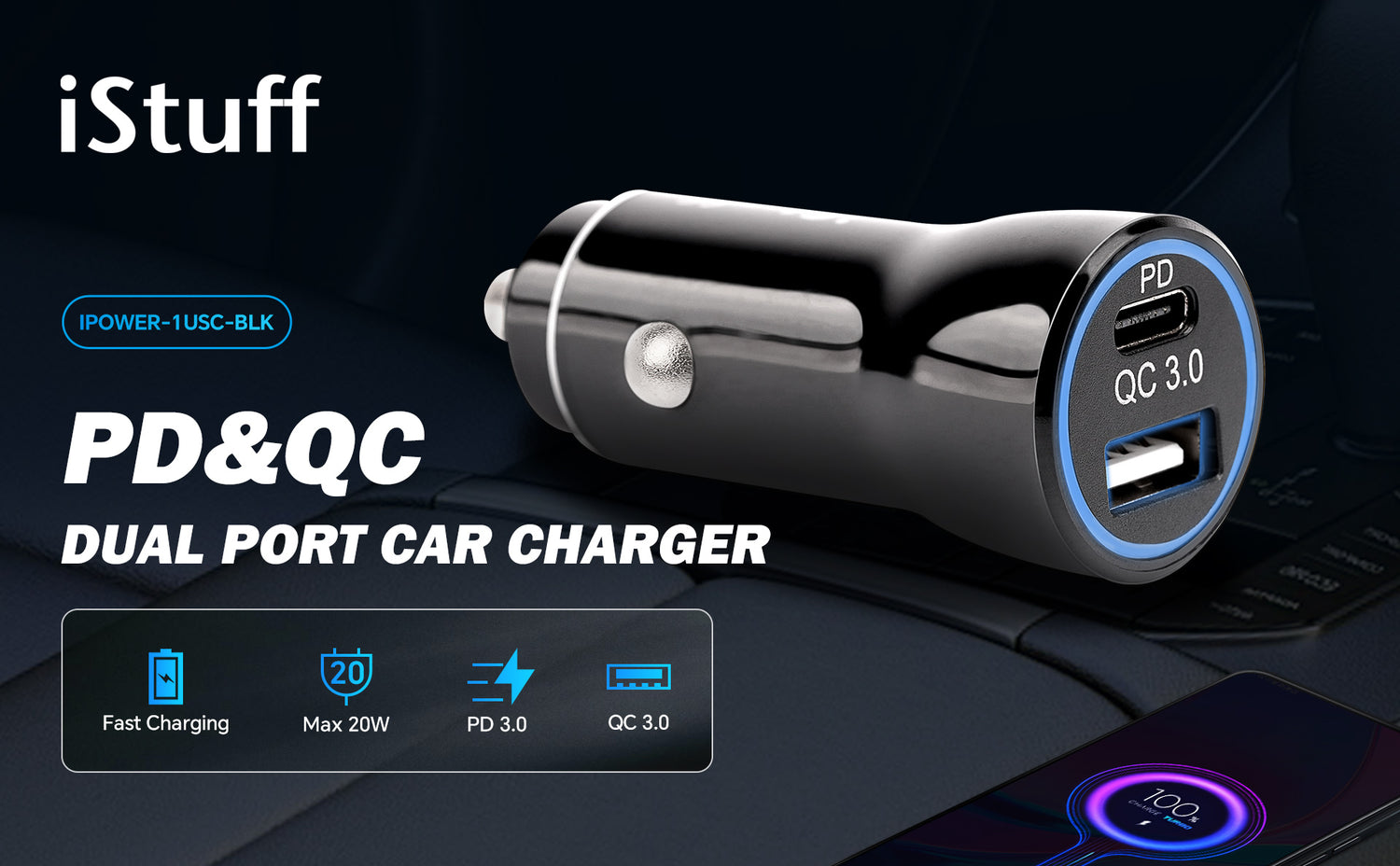 PD & QC3.0 18W Dual USB Car Charger (IPOWER-1USC-BLK)