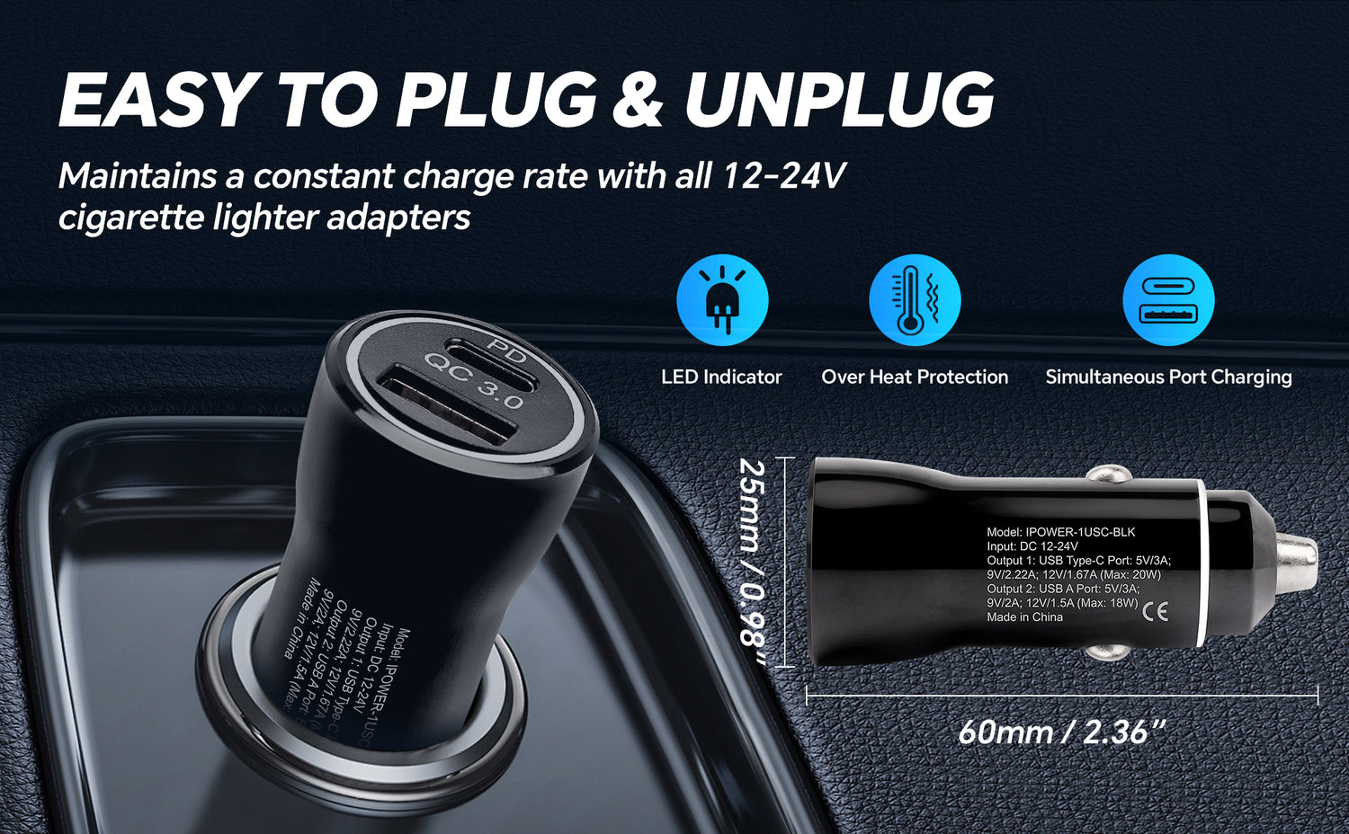 PD & QC3.0 18W Dual USB Car Charger (IPOWER-1USC-BLK)
