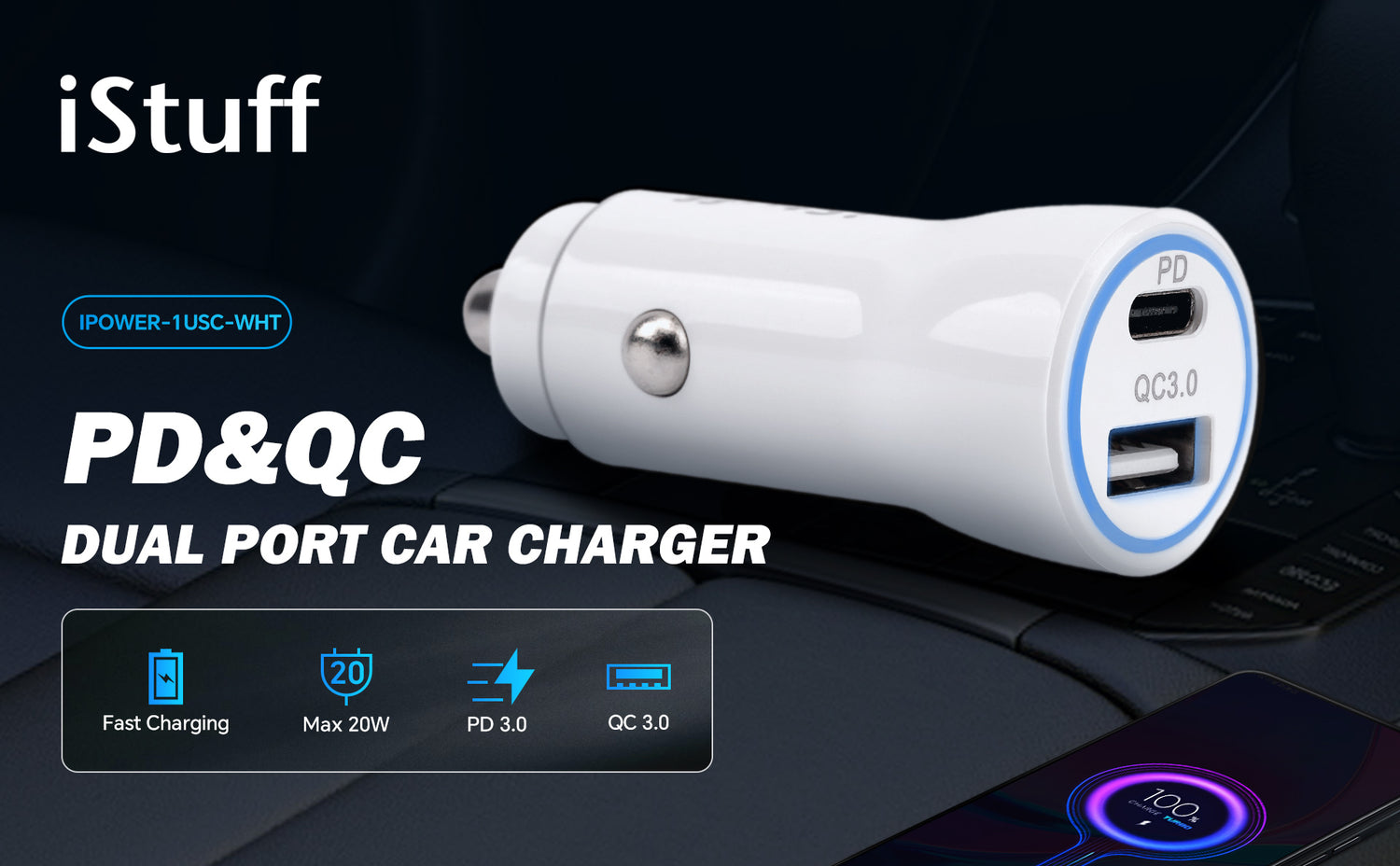 PD & QC3.0 18W Dual USB Car Charger (IPOWER-1USC-WHT)