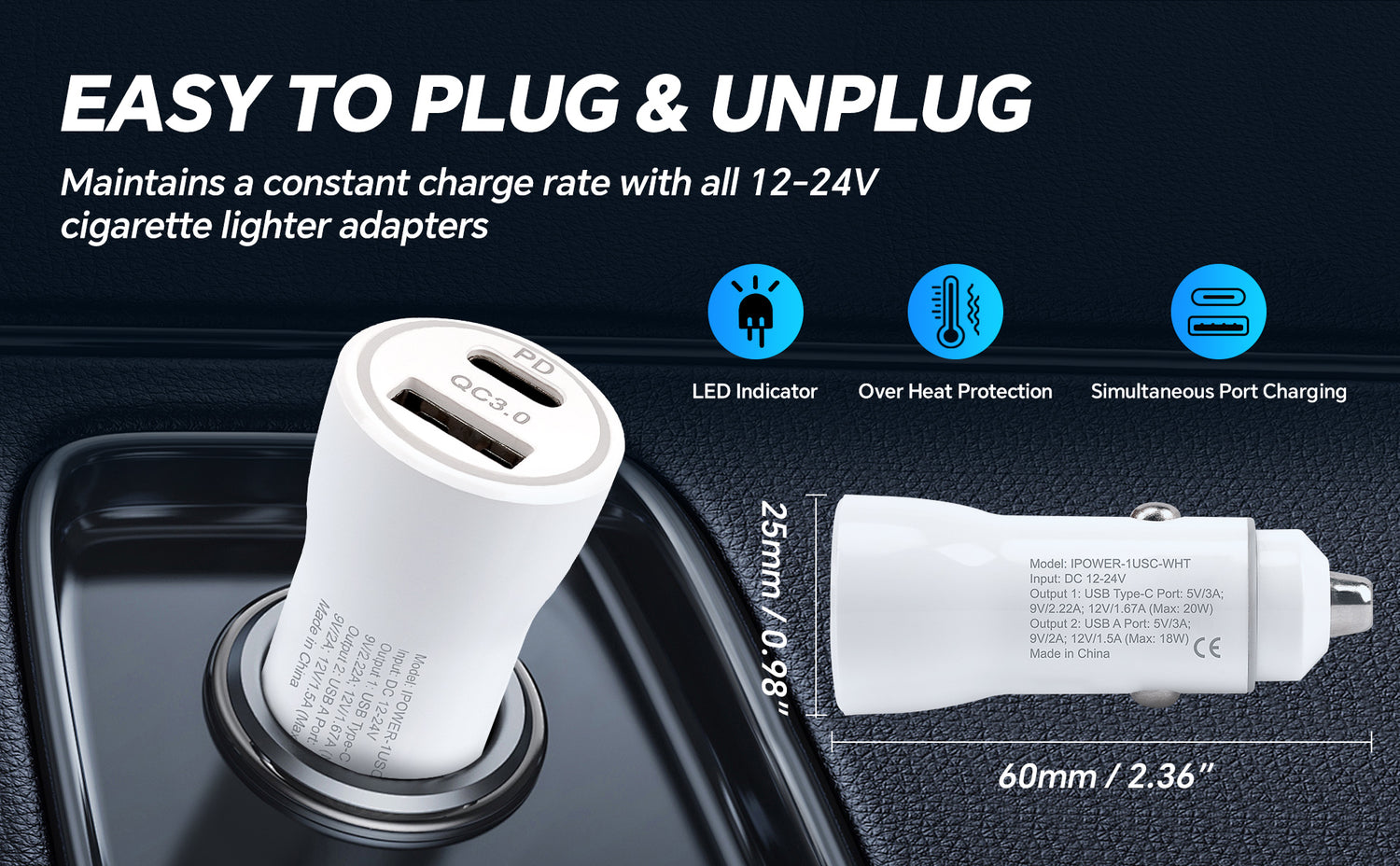 PD & QC3.0 18W Dual USB Car Charger (IPOWER-1USC-WHT)