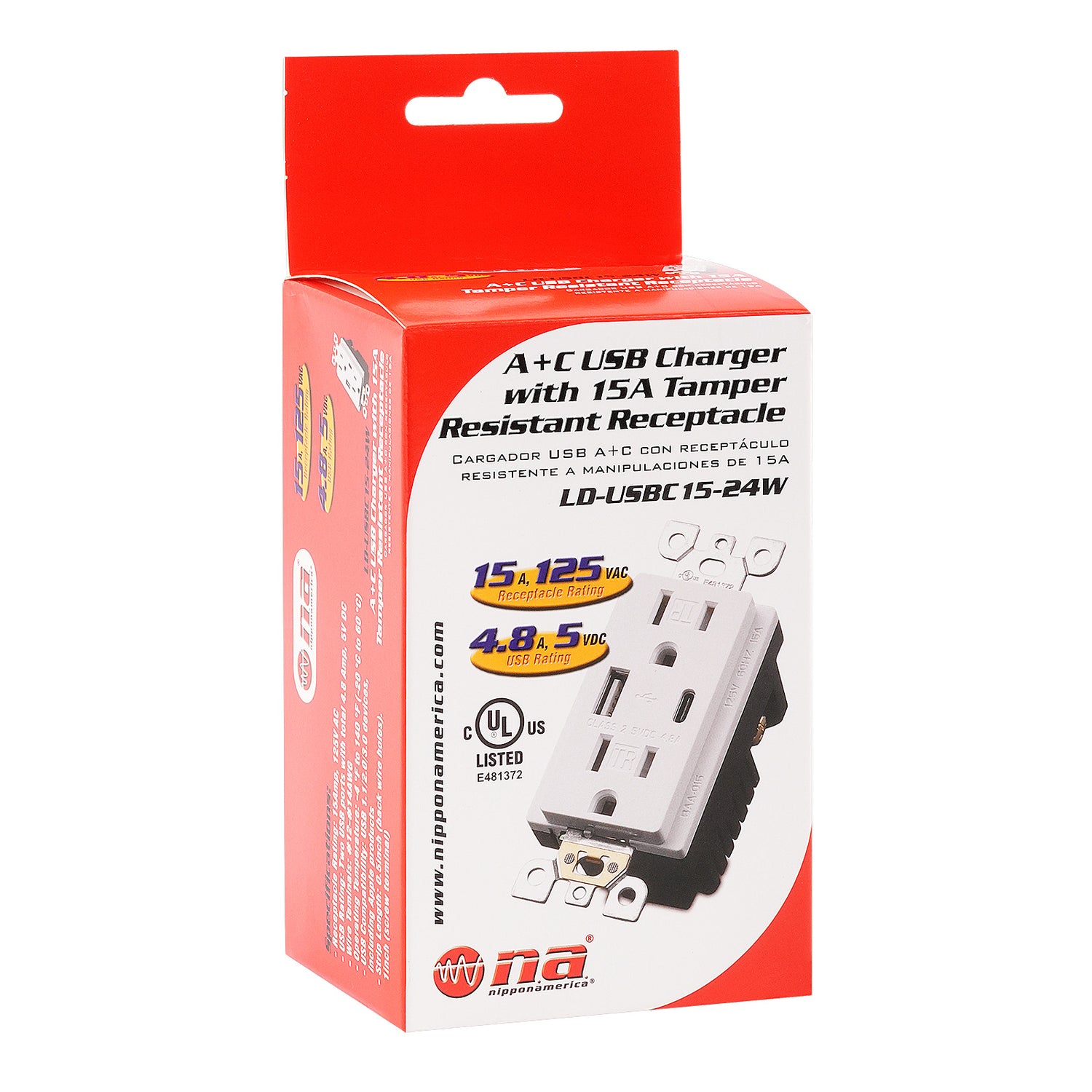 A+C USB Charger with 15A Tamper Resistant Receptacle (LD-USBC15-24W)