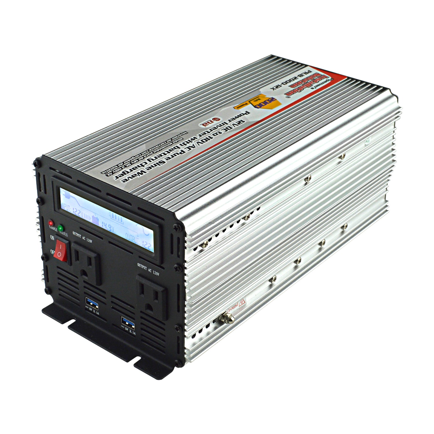 12V DC to 120V AC Pure Sine Wave Power Inverter with Battery Charger (PIUB-2000-12X)