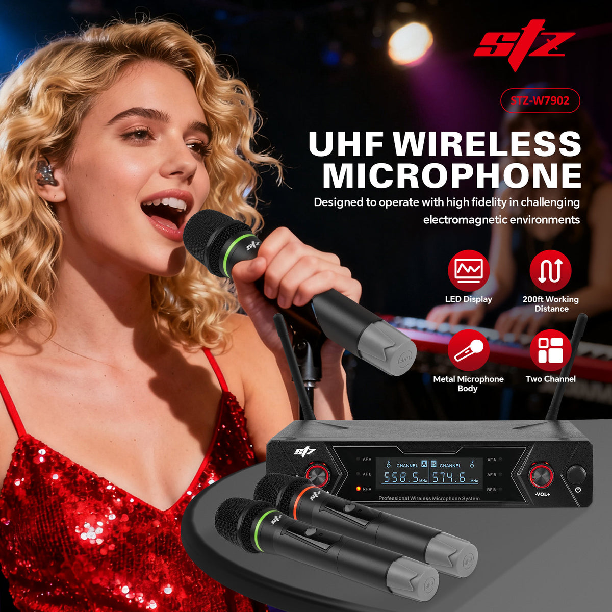 Dual Channel UHF Wireless Microphone System (STZ-W7902)