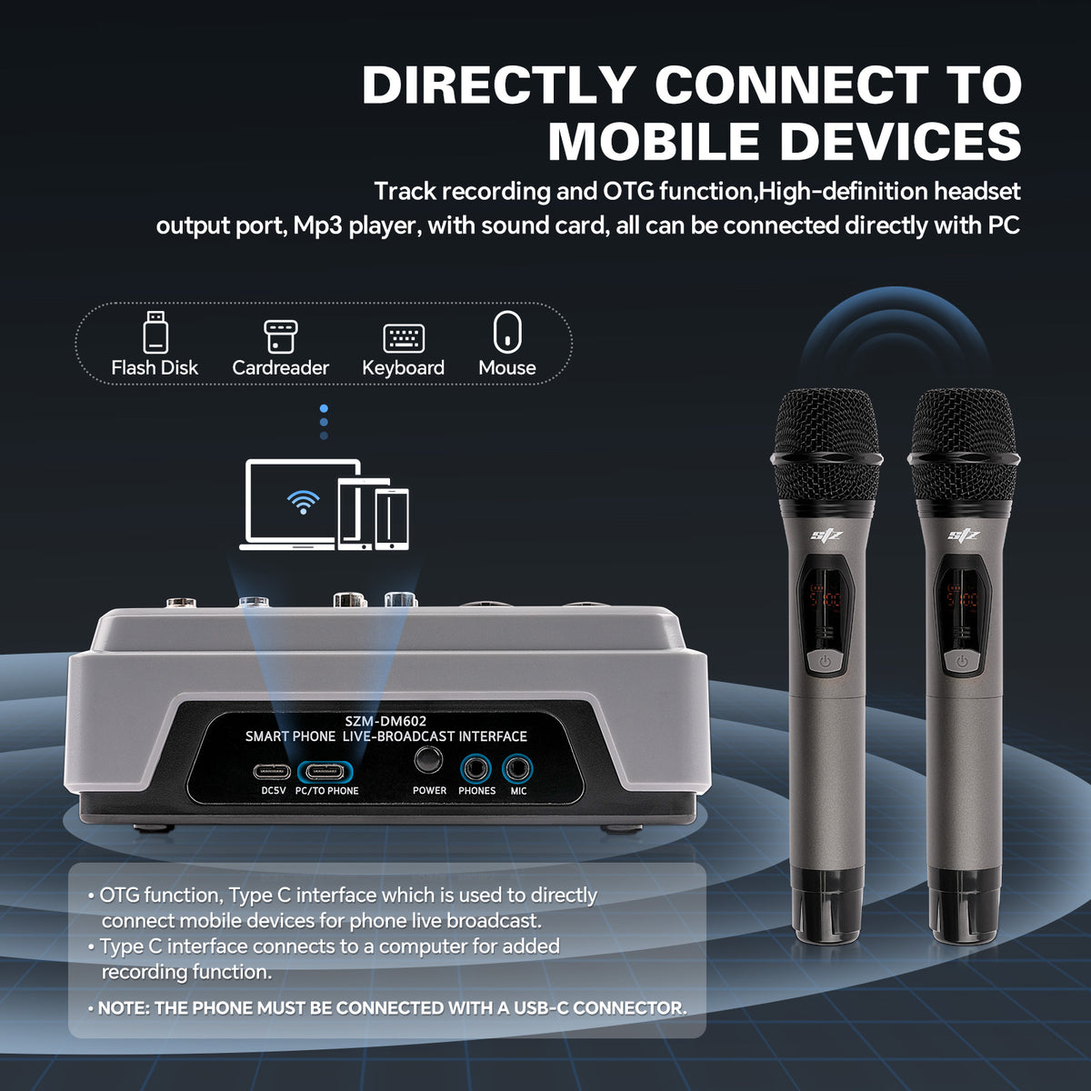 UHF Wireless Mix Audio Mixer (SZM-DM602)