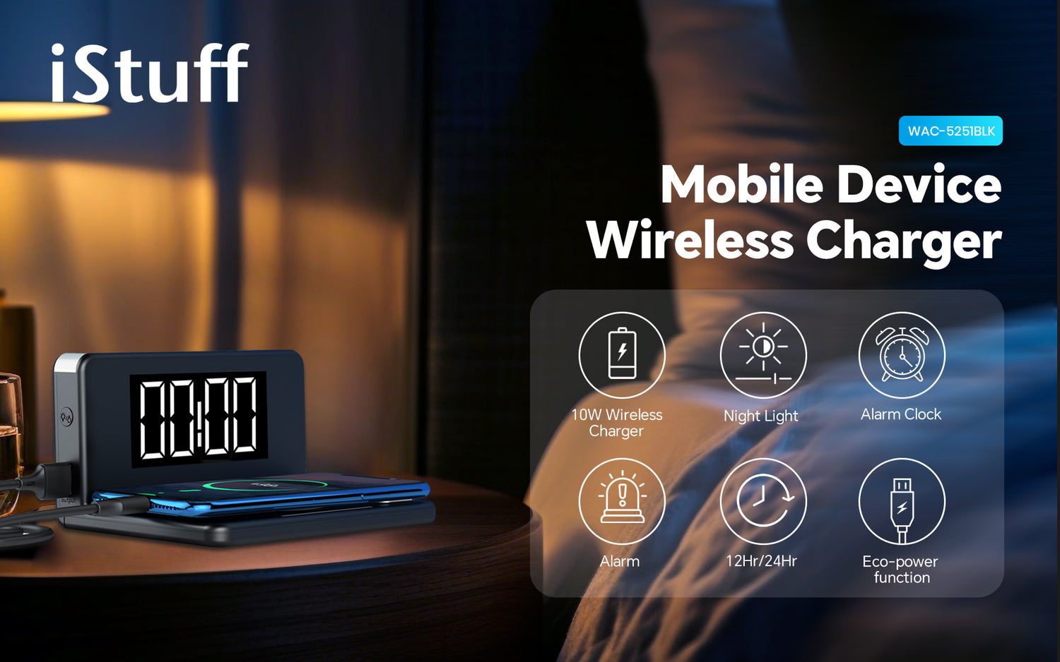 Wireless Charger with Alarm Clock and Night Light (WAC-5251BLK)
