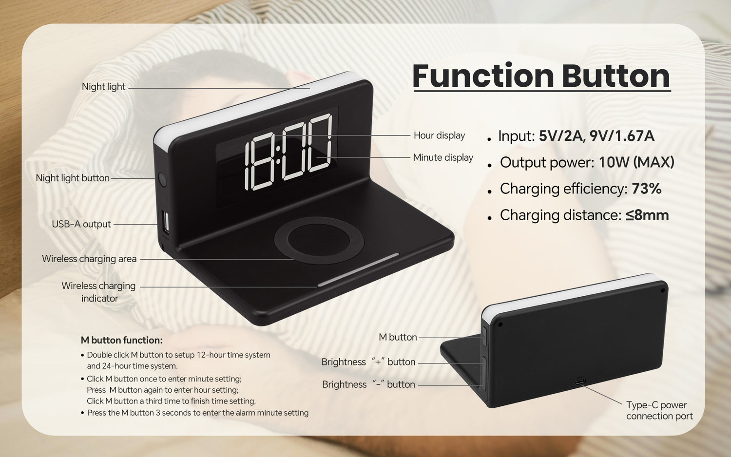 Wireless Charger with Alarm Clock and Night Light (WAC-5251BLK)