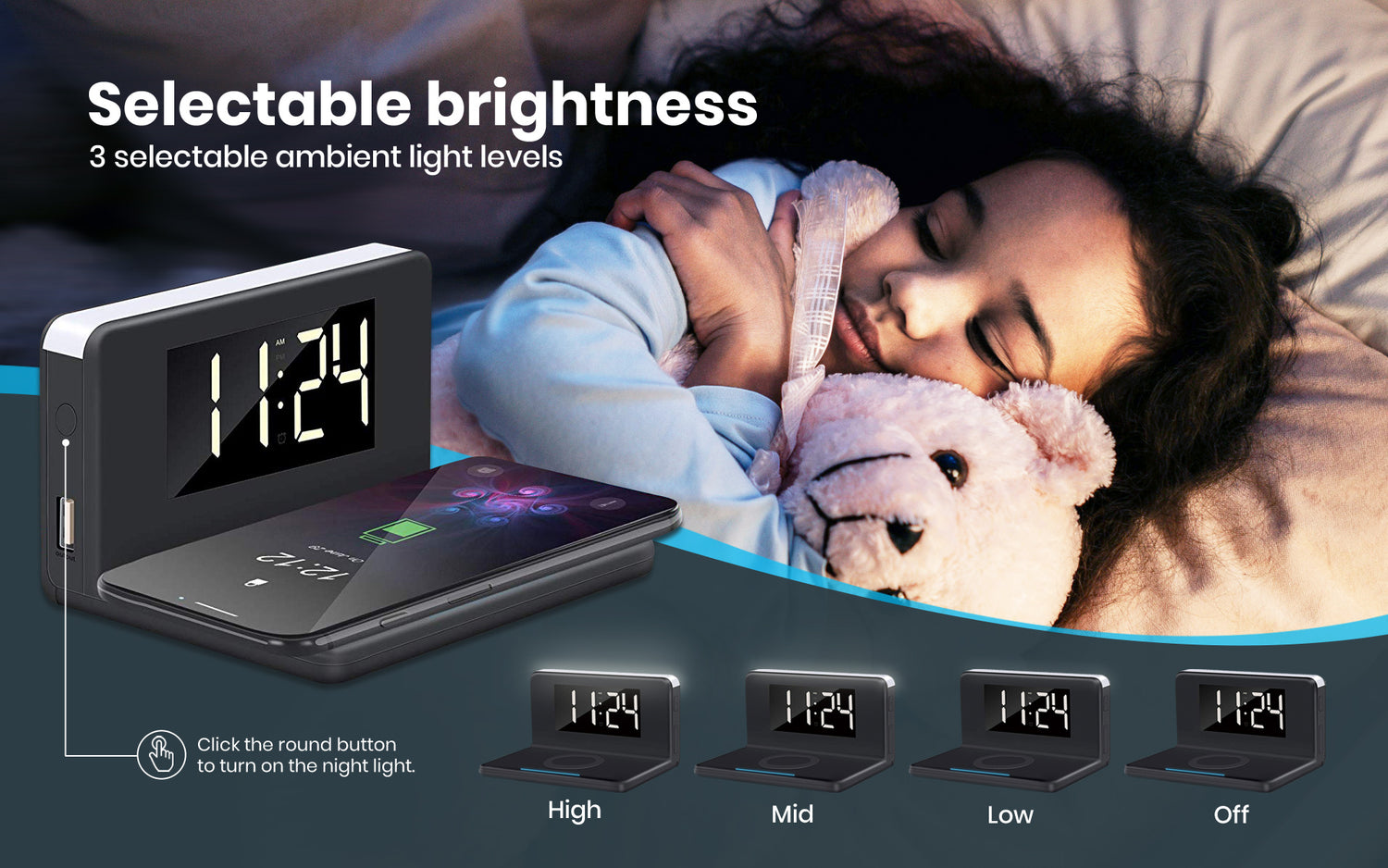 Wireless Charger with Alarm Clock and Night Light (WAC-5251BLK)