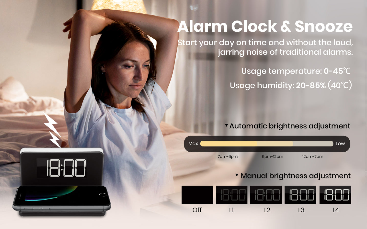 Wireless Charger with Alarm Clock and Night Light (WAC-5251BLK)