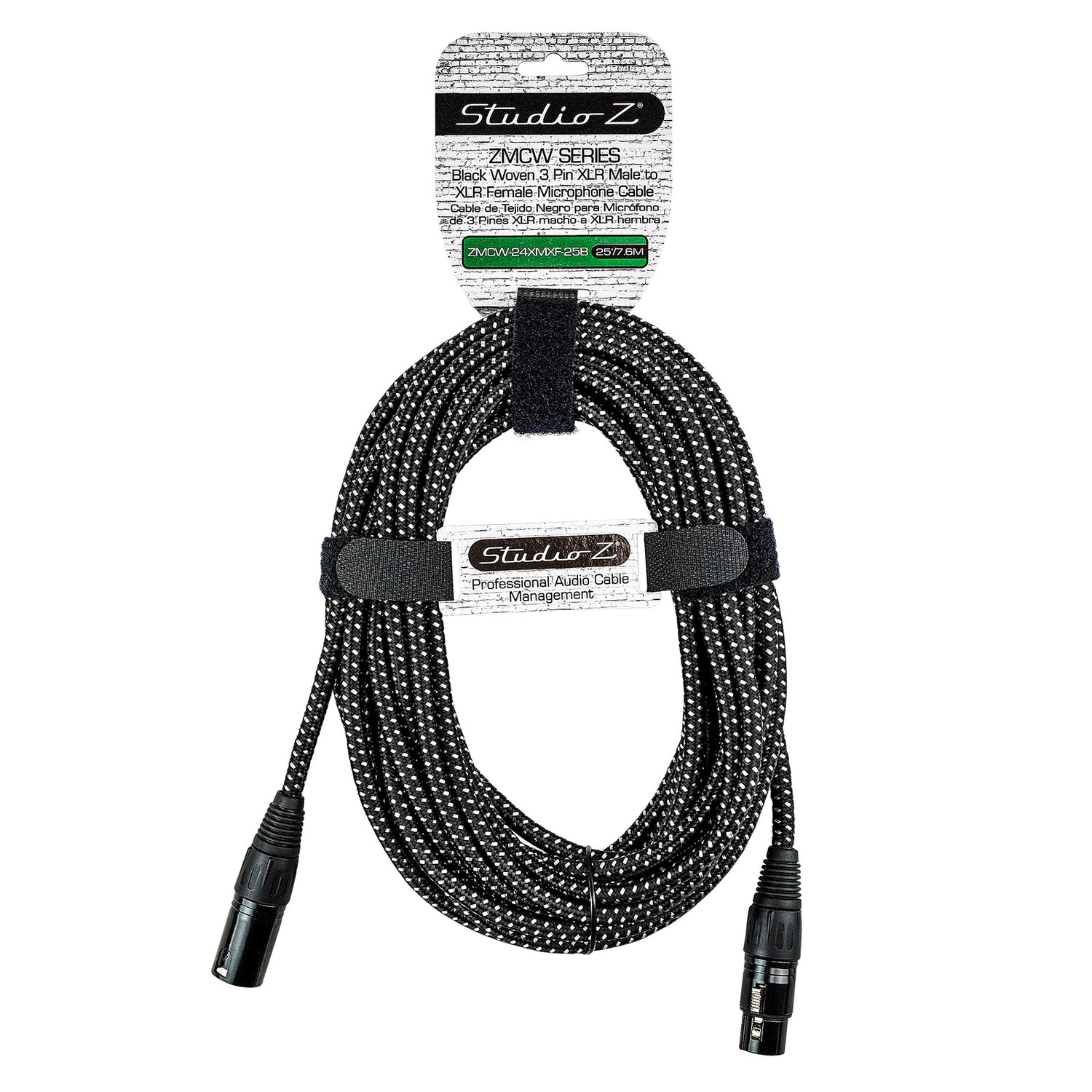 25' Black Woven 3 Pin XLR Male to 3 Pin XLR Female, Microphone Cable (ZMCW-24XMXF-25B)