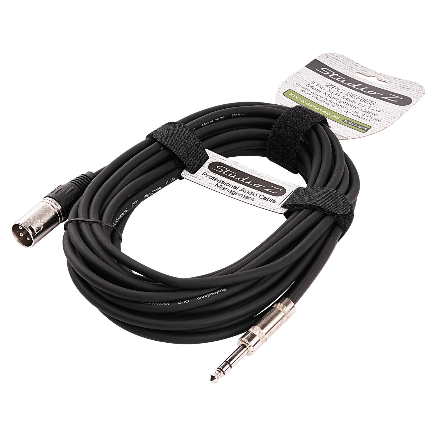 25' 3 Pin XLR Male to 1/4” TRS Stereo Male Plug Microphone Cable (ZPC-24XM14S-25)