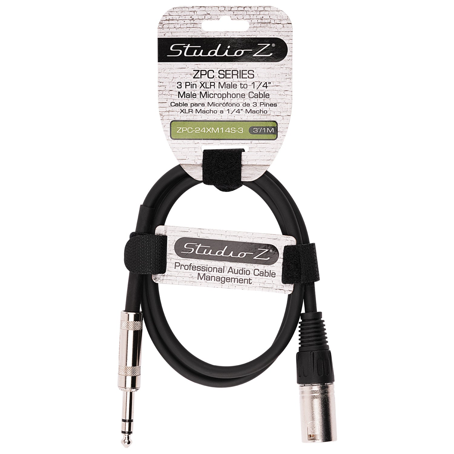 3' 3 Pin XLR Male to 1/4” TRS Stereo Male Plug Microphone Cable (ZPC-24XM14S-3)