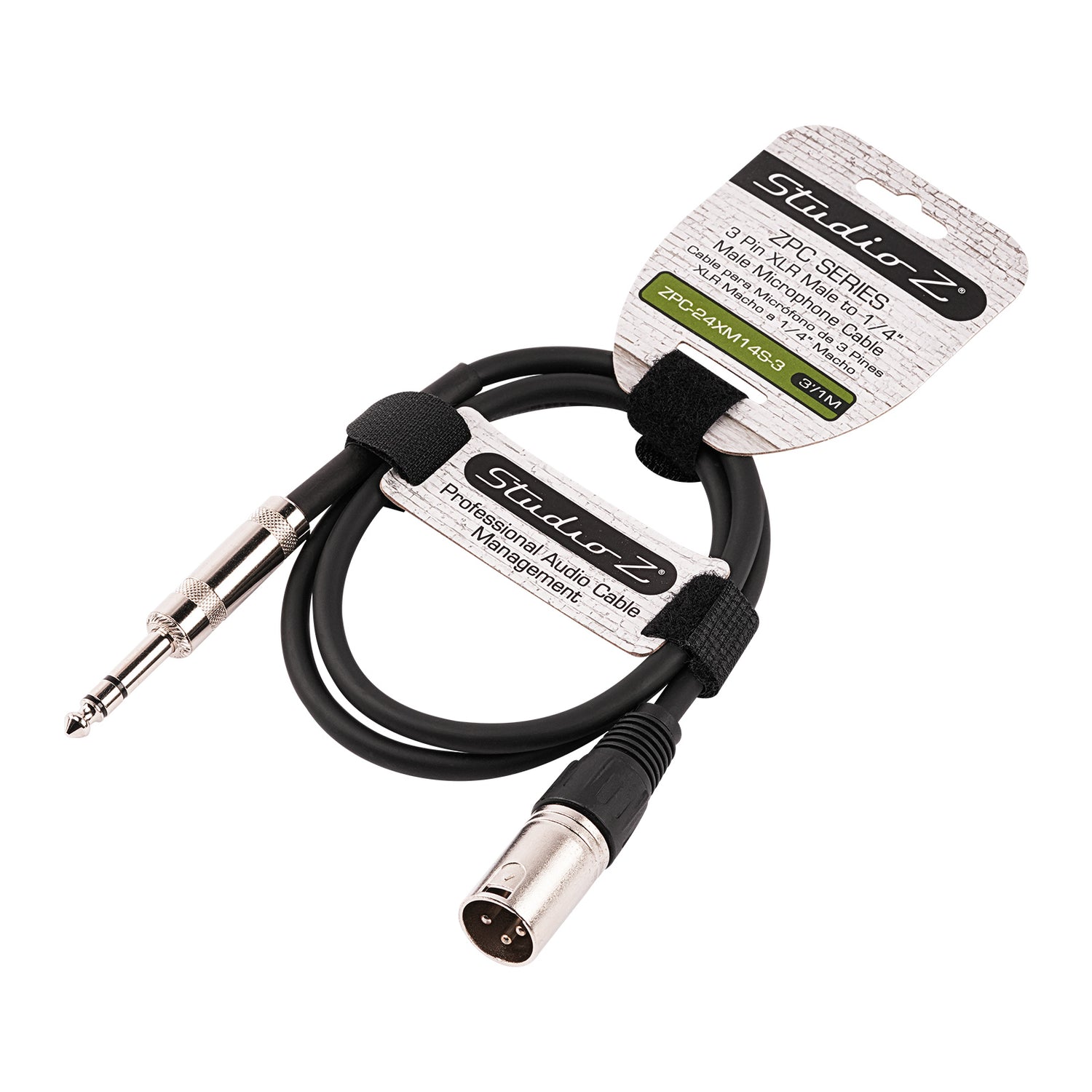 3' 3 Pin XLR Male to 1/4” TRS Stereo Male Plug Microphone Cable (ZPC-24XM14S-3)