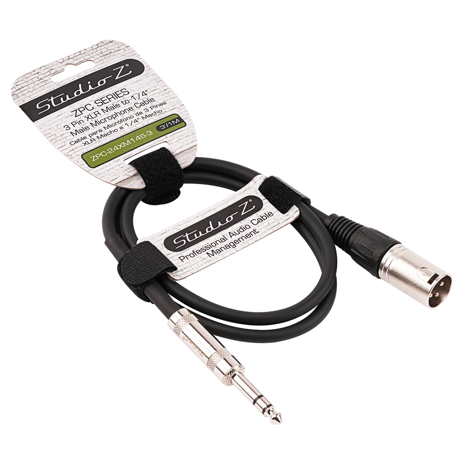 3' 3 Pin XLR Male to 1/4” TRS Stereo Male Plug Microphone Cable (ZPC-24XM14S-3)