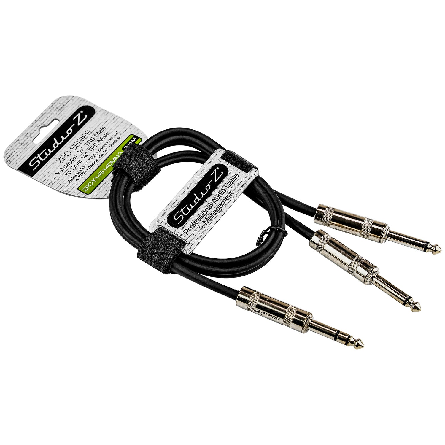 3' Y-Adapter 1/4” TRS Stereo Male to Dual 1/4” Male Pro Audio Cable (ZPC-Y14S14DMN-3)